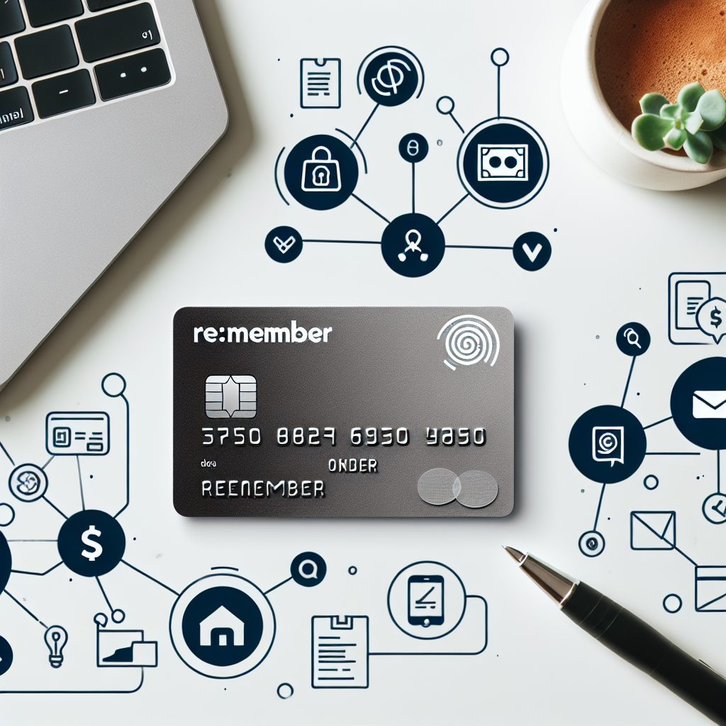 Et re:member-kredittkort på et rent bord med digitale økonomi-ikoner rundt, minimalistisk nordisk stil