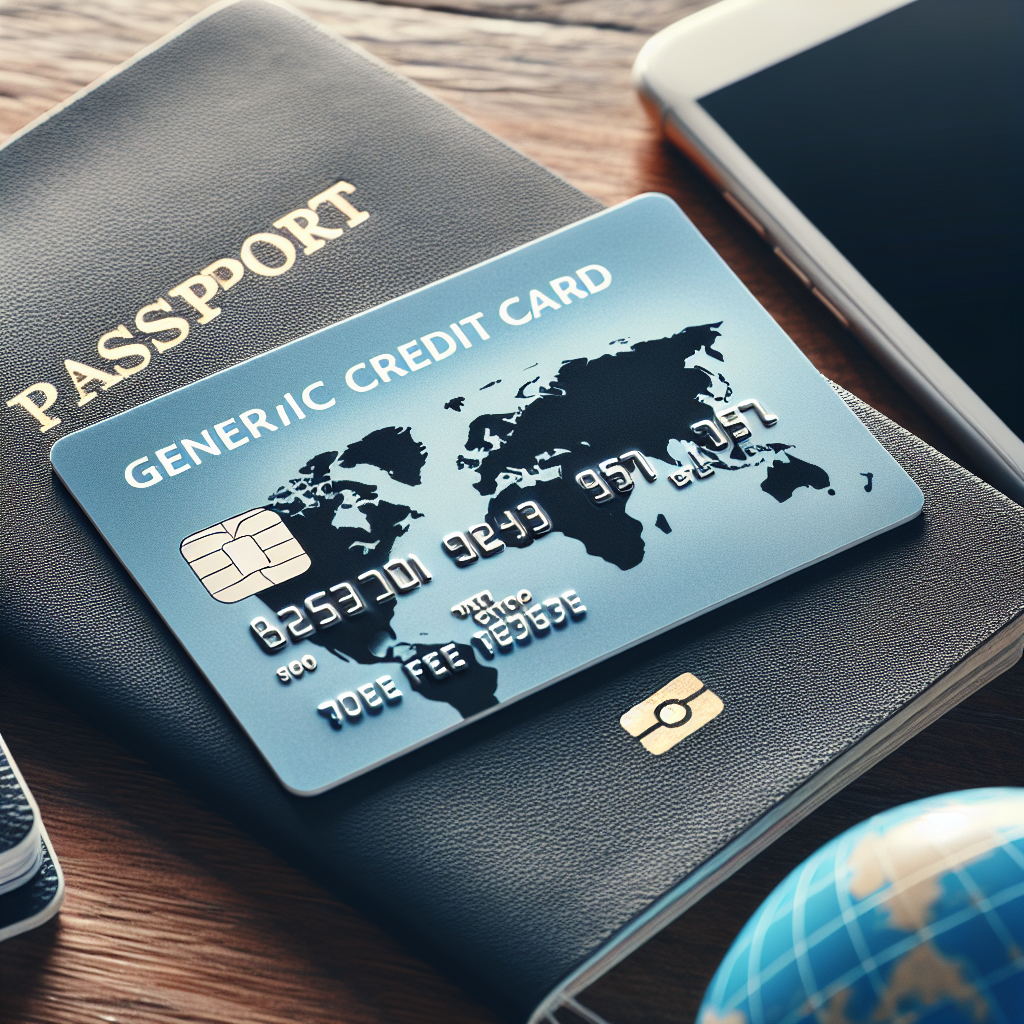 Nærbilde av et moderne Visa-kort på et bord ved siden av pass og mobil, symboliserer gebyrfritt kort og trygg utenlandsbruk