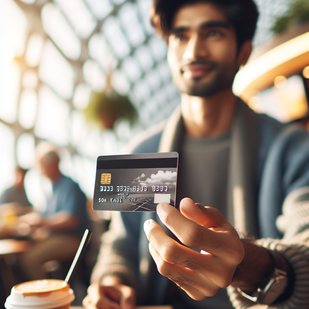 Moderne reisende som betaler med Norwegian-kortet ved en flyplasskafe, fokus på kortet i hånden, myke farger og reisefølelse