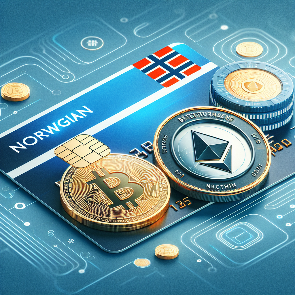 Norsk kredittkort og kryptomynter (Bitcoin, Ethereum) på stilren blå og hvit bakgrunn, moderne finansillustrasjon med sikkerhetsikon