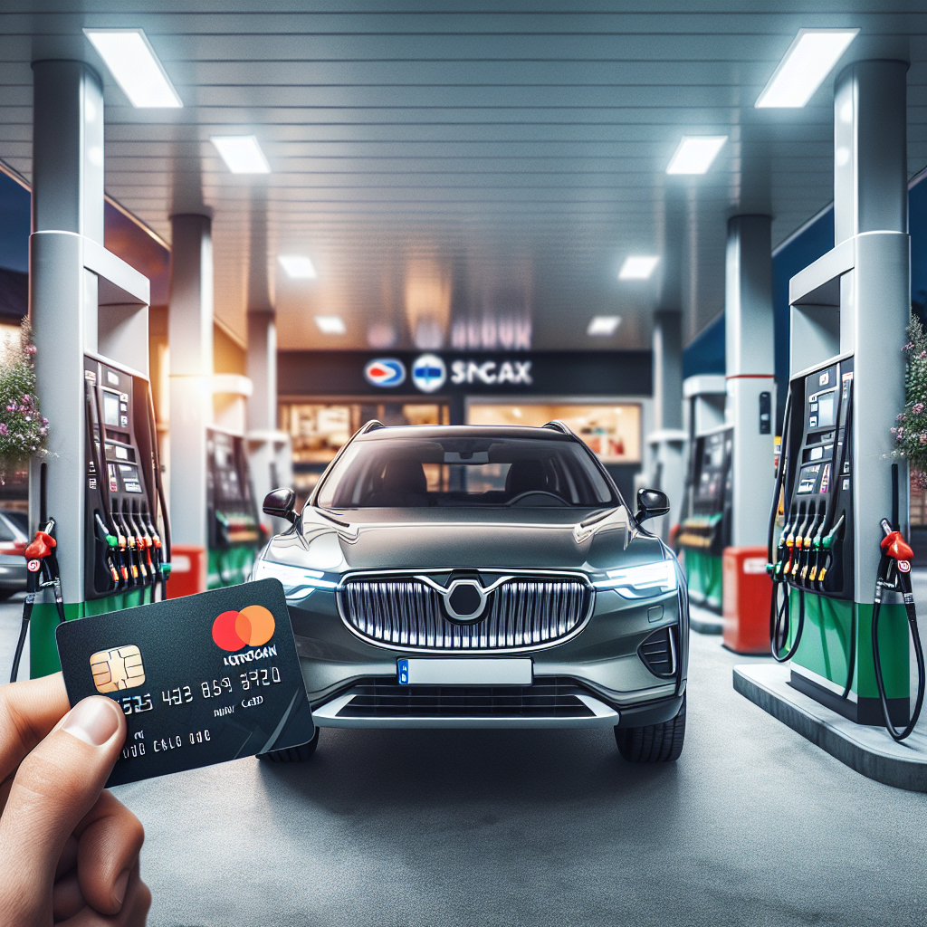Norsk bil ved bensinstasjon med fokus på et kredittkort i forgrunnen, tydelige drivstoffpumper og et rent, moderne fargeskjema